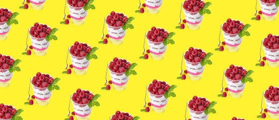 Glass with delicious chia seed pudding and raspberry on white background