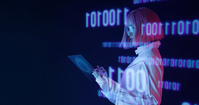 Woman with futuristic tablet in hand. Girl in glasses of virtual reality. Augmented reality, future technology, AI concept. Holographic interface to display data. Dark background.