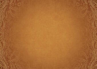 Yellow textured paper with vignette of darker color and golden hand-drawn pattern with splatters of golden glitter. Copy space. Digital artwork, A4. (pattern: p09a)