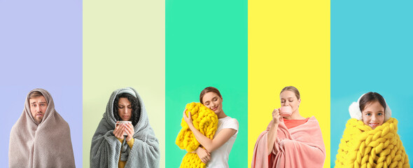 Group of different people with warm plaids on color background. Concept of heating season