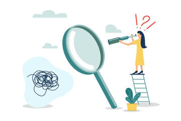 Curiosity explore unknown, seek for success concept, search for solution or new business opportunity, curios businesswoman with huge question mark look through binoculars to search for new business