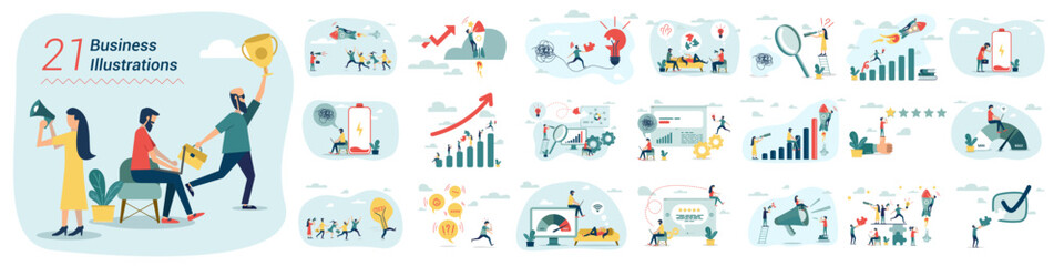 Business Mega collection from 21 illustration. Set of scenes with men and women taking part in business activities.
