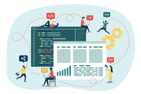 Communication between web developers. Team of developers setting up a website. Marking important dates and tasks. Business problem solving concept. Online communication problem.