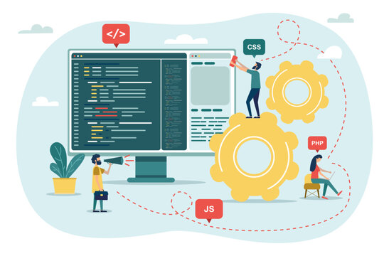 Team of developers setting up a website. Communication between web developers. Marking important dates and tasks. Business problem solving concept. Online communication problem.