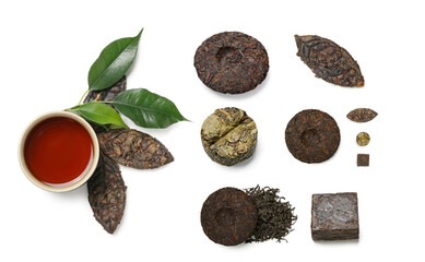 Set of tasty puer tea isolated on white, top view