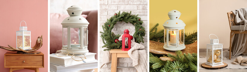 Collage with beautiful lanterns and Christmas decor