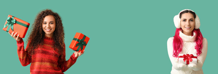 Young women with Christmas presents on green background. Banner for design