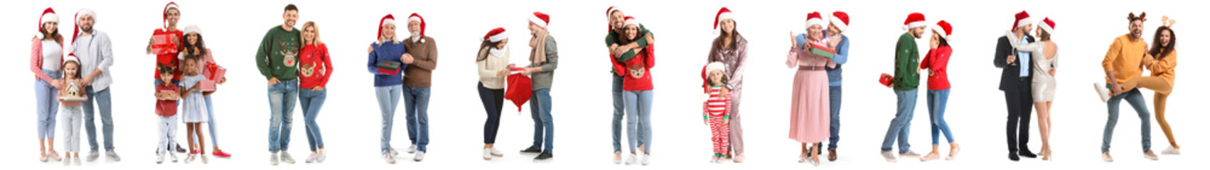 Set of happy family members celebrating Christmas and New Year on white background