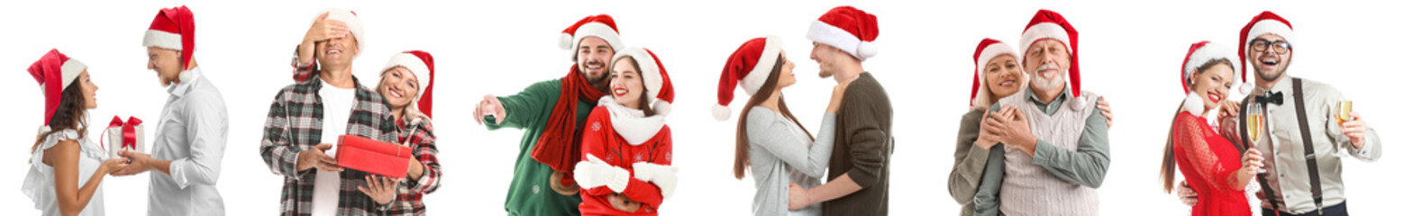 Set of happy couples celebrating Christmas and New Year on white background