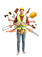 Portrait of male architect with many hands holding builder's supplies on white background