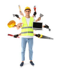 Male architect with many hands holding builder's supplies and laptop on white background