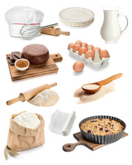 Collage of kitchen utensils with chef's hat, products and pie on white background
