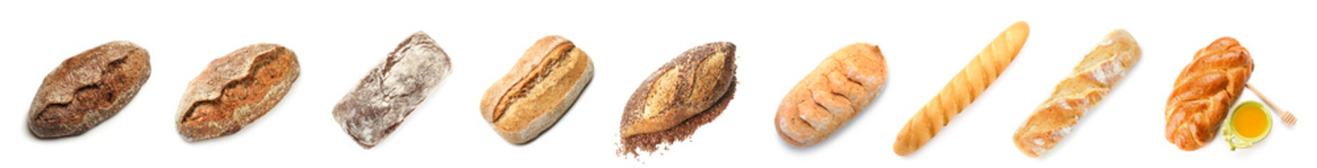 Collage of crusty loaves of bread on white background