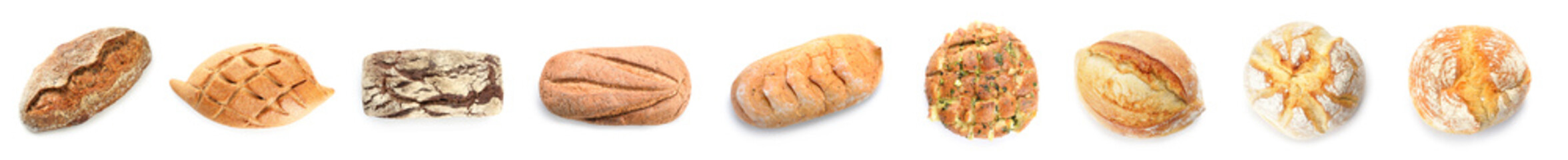 Collage of fresh loaves of bread on white background