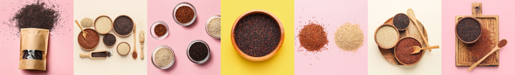 Collage of tasty raw quinoa on color background