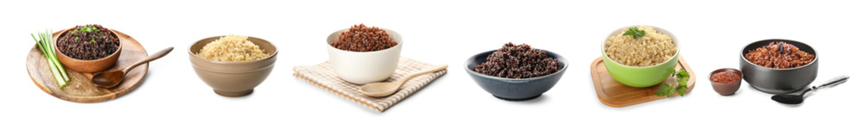 Collage of tasty boiled quinoa in bowls on white background