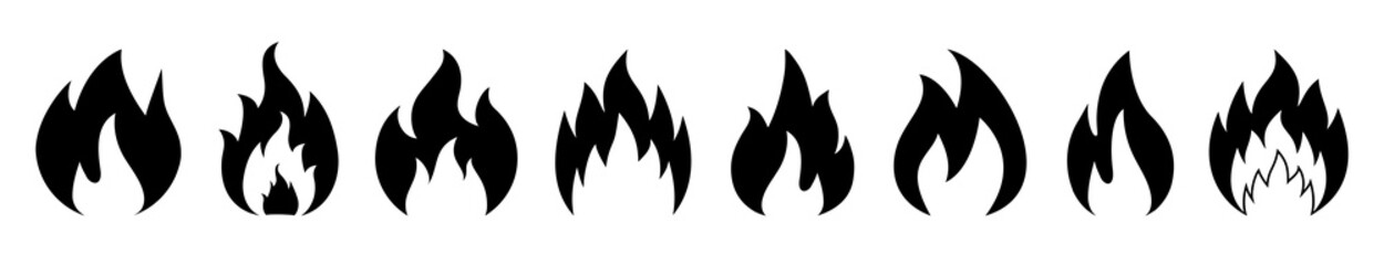 Set of fire icons. Different flames. Collection black fire sign for design - stock vector