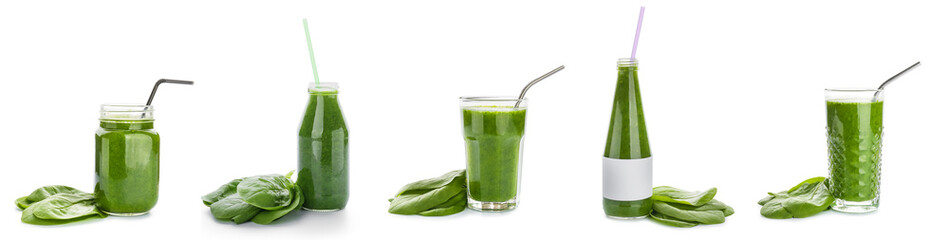 Collage of healthy spinach smoothie on white background