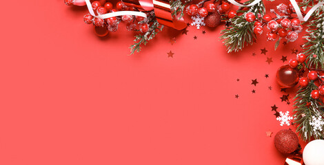 Beautiful Christmas composition on red background with space for text