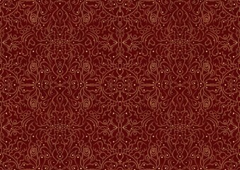 Hand-drawn unique abstract symmetrical seamless gold ornament on a deep red background. Paper texture. Digital artwork, A4. (pattern: p07-2b)