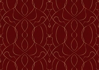 Hand-drawn unique abstract symmetrical seamless gold ornament on a deep red background. Paper texture. Digital artwork, A4. (pattern: p08-1b)