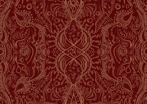 Hand-drawn unique abstract symmetrical seamless gold ornament on a deep red background. Paper texture. Digital artwork, A4. (pattern: p09a)