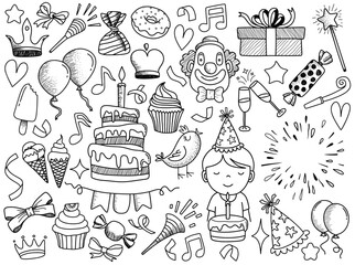  set of doodle cartoon objects and symbols on the birthday party.