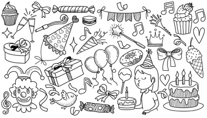  set of doodle cartoon objects and symbols on the birthday party.