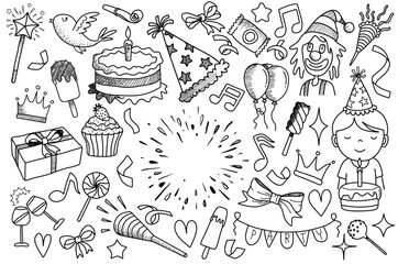  set of doodle cartoon objects and symbols on the birthday party.