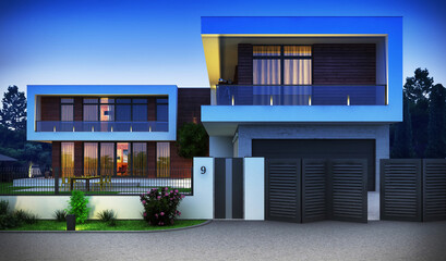 3D visualization of a modern house on a large plot in summer. Evening illumination of the facade.