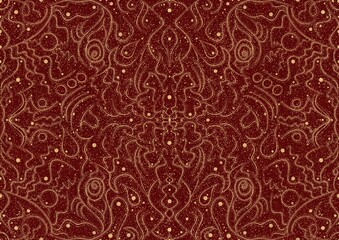 Hand-drawn unique abstract symmetrical seamless gold ornament and splatters of golden glitter on a deep red background. Paper texture. Digital artwork, A4. (pattern: p07-2a)