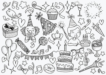  set of doodle cartoon objects and symbols on the birthday party.