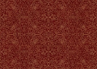 Hand-drawn unique abstract symmetrical seamless gold ornament and splatters of golden glitter on a deep red background. Paper texture. Digital artwork, A4. (pattern: p07-2b)