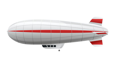 Dirigible with red line, side view isolated on white background. Aero plane flight transport icon. Futuristic transportation for passengers. Concept airlines modern desing drawing. Vector illustration