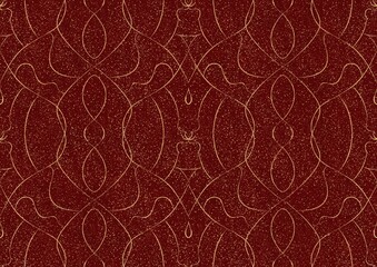 Hand-drawn unique abstract symmetrical seamless gold ornament and splatters of golden glitter on a deep red background. Paper texture. Digital artwork, A4. (pattern: p08-1b)