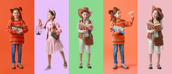 Set of cute little girl with books on color background. Adventure concept