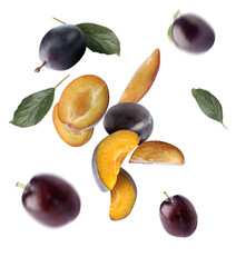 Many flying plums on white background
