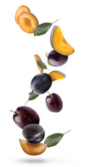 Many flying plums on white background