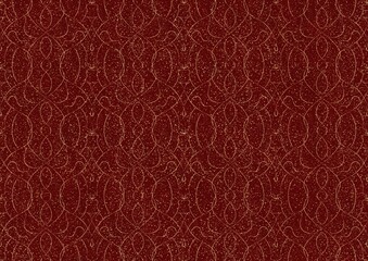 Hand-drawn unique abstract symmetrical seamless gold ornament and splatters of golden glitter on a deep red background. Paper texture. Digital artwork, A4. (pattern: p08-1c)