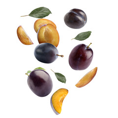Many flying plums on white background