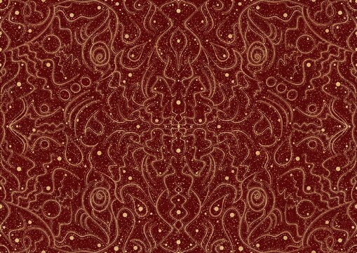 Hand-drawn unique abstract symmetrical seamless gold ornament and splatters of golden glitter on a deep red background. Paper texture. Digital artwork, A4. (pattern: p07-2a)