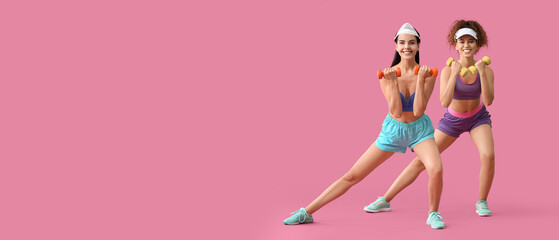 Young women doing aerobics on pink background with space for text