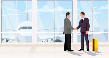 Business men handshake in airport terminal interior. Man in black suit, passenger in departure hall with luggage. White Aircraft, airplane front outside window. Flat banner poster. Vector illustration - obrazy, fototapety, plakaty