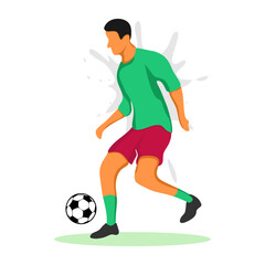 Flat style football player dribbling a ball. Vector illustration