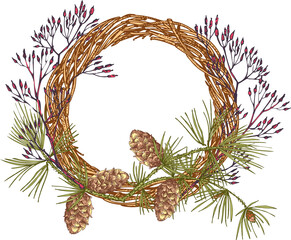 Hand-drawn sketch autumn wreath with pine cones, berries, branches in engraving style. Vintage floristic door wreath. Thanksgiving retro decor Wedding graphic frame Hello, fall. Vector illustration
