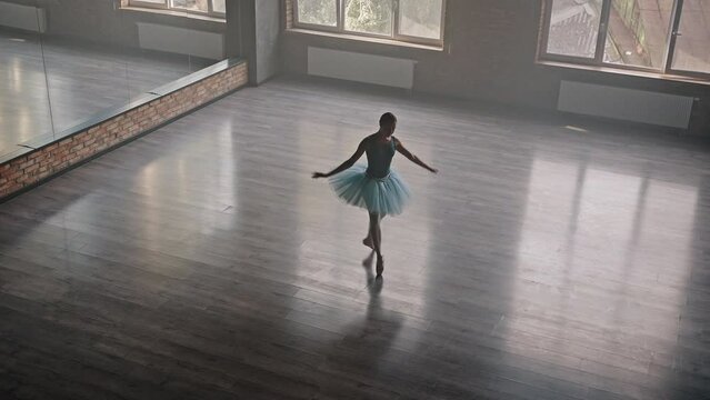 Graceful ballerina enjoys ballet choreography in studio