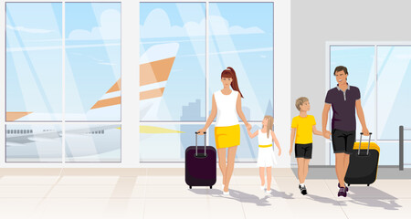 Happy tourist family with children, young boy, girl in airport terminal interior. Passangers in arrival, departure hall with luggage. Aircraft, airplane background. Time to travel. Vector illustration - obrazy, fototapety, plakaty