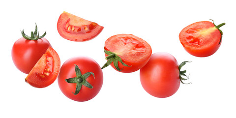 Fresh flying tomatoes isolated on white