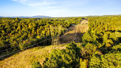 Transmission tower or electricity pylon with overhead power lines and path cut through a forest