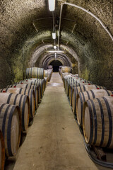 Fototapeta na wymiar Wine cellars with barrels, traditional wine called Bikaver near Eger, Hungary